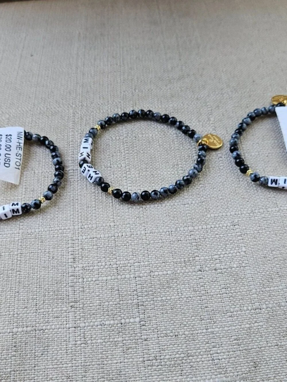 Little Words Project Bracelet Black Beands HE HIM Wrist Band Stretched Lot of 3
